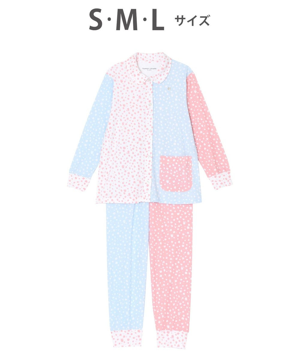 tsumori chisato SLEEP パジャマ　ロング袖ロング丈　ドット柄とネコ刺繍　/ワコール ブルー
